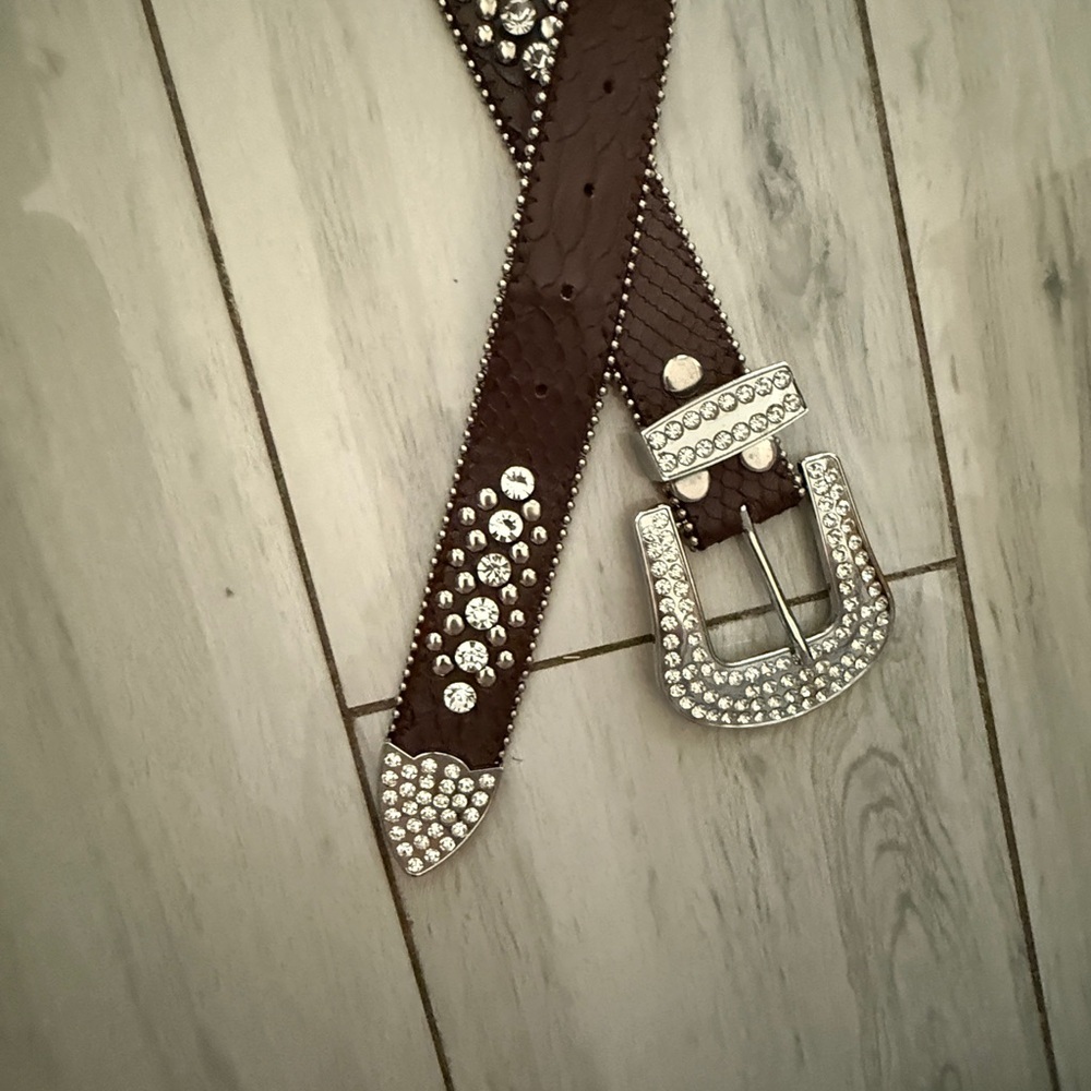 Leather Copper Bronze Fleur De Lis Western RHINESTONE Belt M SM - Picture 2 of 11